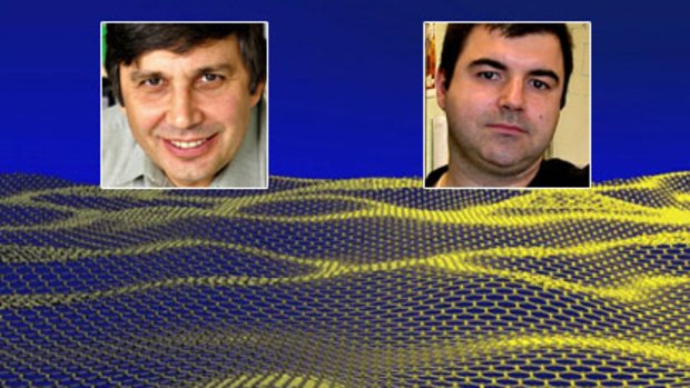 Andre Geim (left) and Konstantin Novoselov (right) and an artist's impression of a corrugated graphene sheet.