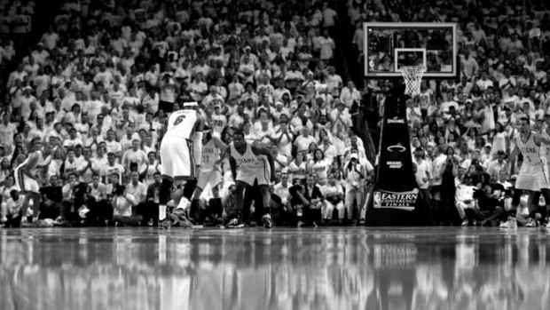 It's all there in black and white: LeBron James brings the ball up the floor as Lance Stephenson defends during game six of the Eastern Conference Finals of the 2014 NBA Playoffs at American Airlines Arena in Miami. The Heat beat Indiana to make it into the NBA Finals.
