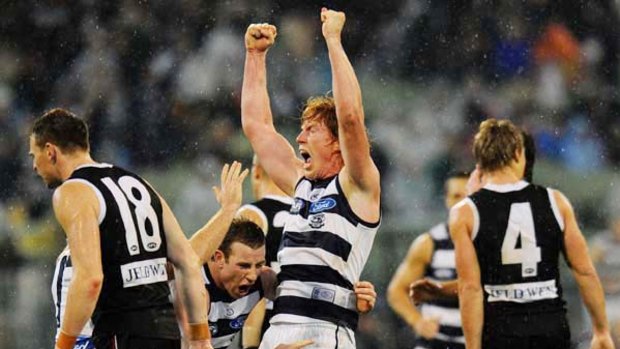 For a moment, Geelong's Cameron Ling thought he had kicked the winning goal, but an umpire's call ended the celebrations.