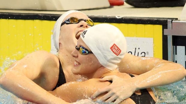 Words cannot explain the jubilation ... Cate and Bronte Campbell celebrate their achievement.