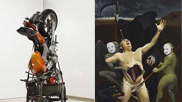 Wynne Prize winner, Richard Goodwin's <i>Co-isolated slave</i>, left, and the Sulman Prize winner, Peter Smeeth's <i>The artist's fate</i>.