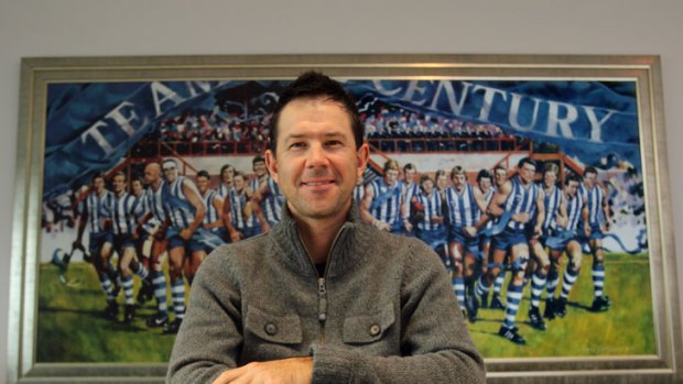 Still having a ball ... Ricky Ponting pictured in the boardroom of the North Melbourne AFL club, where he is the club’s No.1 ticket holder.