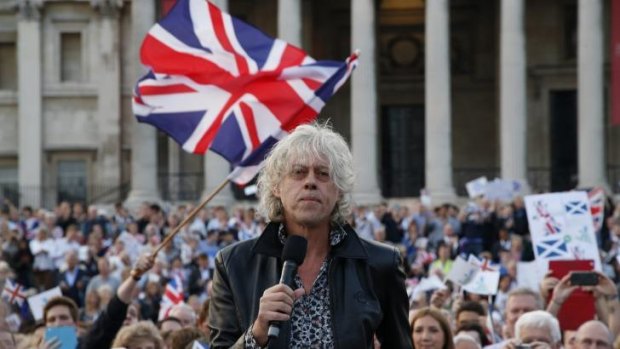Irish artist and campaigner Bob Geldof delivers a speech during a pro-Union rally at Trafalgar square in central London on Monday.