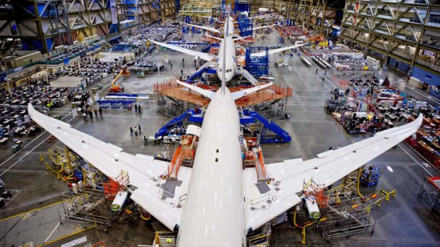 Creature comforts: Boeing's Dreamliner production line just outside Sattle. The plane boasts improved fuel efficiency and reduced cabin pressurisation.