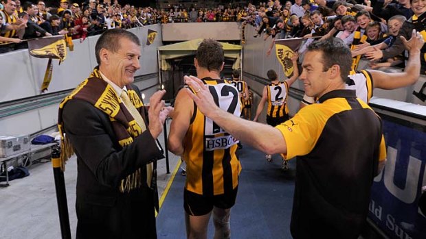 Jeff Kennett with Hawthorn coach Alastair Clarkson last year. The inevitable role of the former in the forthcoming drama is the only downside to it.
