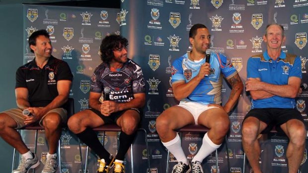 Good times ... Wayne Bennett, far right, shares a laugh with Laurie Daley, Johnathan Thurston and Benji Marshall  this week.