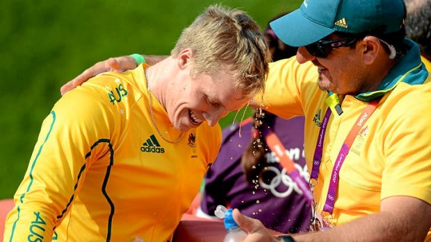 Sam Willoughby with his coach after winning silver for Australia in the men's BMX at the London Olympics.