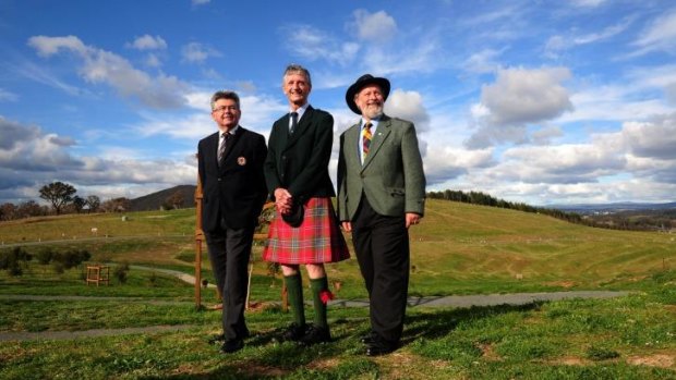 From left, Canberra Scots Athol Chalmers, of Fadden, Jack Arthur, of Holt, and Malcolm Buchanan, of McKellar, ahead of Scotland's independence referendum on September 18.