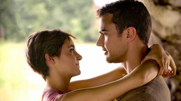 Tris (Shailene Woodley) and Four (Theo James) in a rare moment of peaceful bliss in <i>Insurgent</i>, the second film in the <i>Divergent</i> series