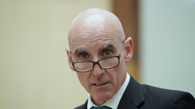 Former NBN Co CEO Mike Quigley appearing before a public hearing at Parliament House in 2012.