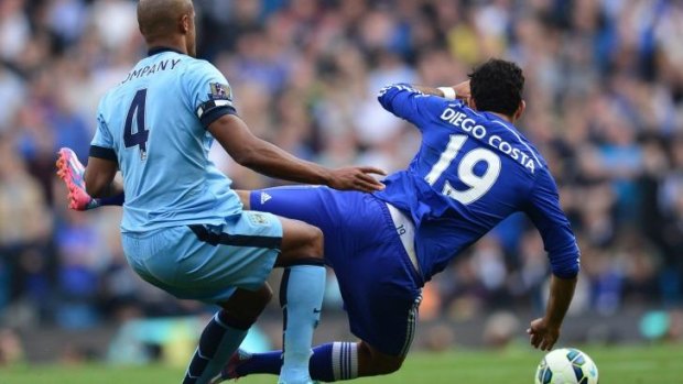 Diego Costa and Vincent Kompany tangle.