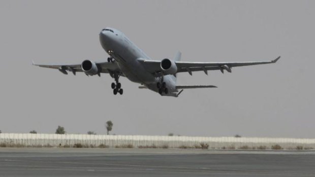 A RAAF KC-30A tanker transport takes off in the Middle East. 