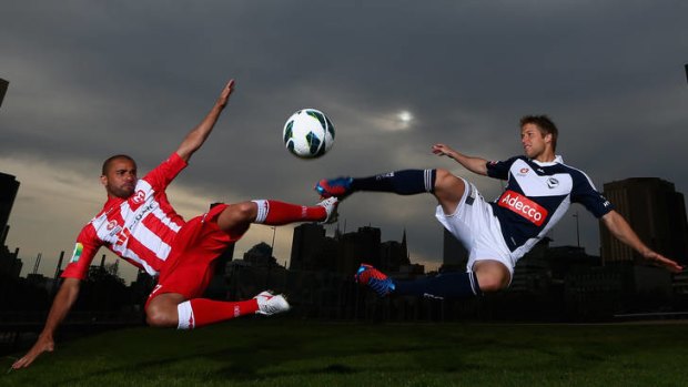 Fred of the Melbourne Heart and Adrian Leijer of the Melbourne Victory.