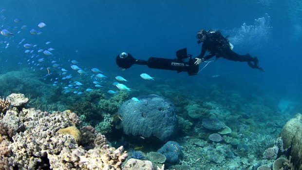 A diver operates the SVII, a camera mounted on an underwater scooter.