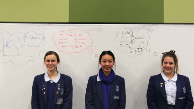 ''I love extension maths ... But I don't think I'd be able to do 4 unit, so I would be sad'' ... says Sophie Sauerman, far right, pictured with fellow Monte Sant Angelo students Brooklyn Newey and Indri Lynarko.