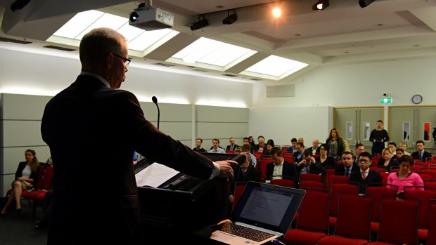 McGrathNicol administrator Joe Hayes speaks to creditors in Sydney. 