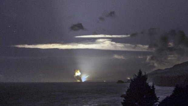 The horizon from Cape Greville in Chiniak, Alaska, after a rocket carrying an experimental Army strike weapon exploded after taking off from a launch pad in Alaska.