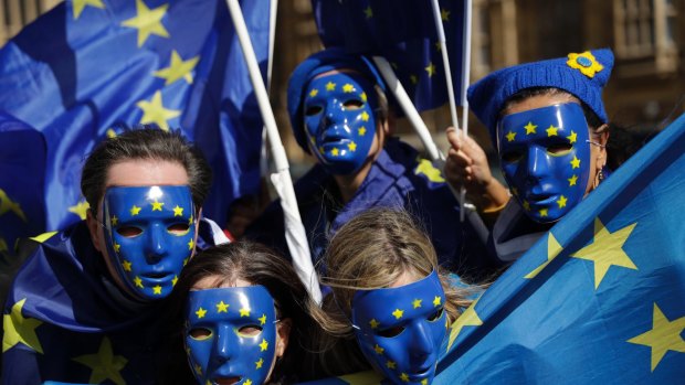 Remain supporters protest outside the British Parliament ahead of the vote.