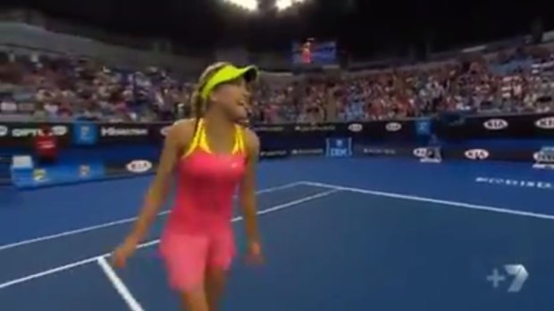 Twirl: Eugenie Bouchard takes a spin on request of interviewer, Ian Cohen.