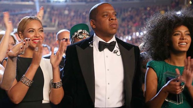 Beyonce, rapper Jay-Z and singer Solange Knowles attend the 55th Annual GRAMMY Awards at STAPLES Center on February 10, 2013 in Los Angeles, California.
