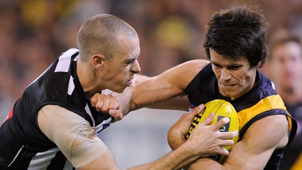 Get a grip: Collingwood's Nick Maxwell and Tiger Trent Cotchin slug it out.