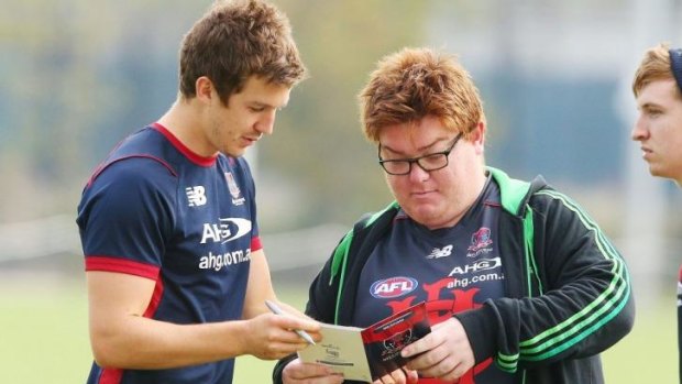 Looking forward: Jack Trengove with a fan this week at training.