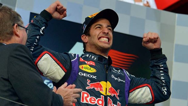 Daniel Ricciardo shows his joy on finsihing second.
