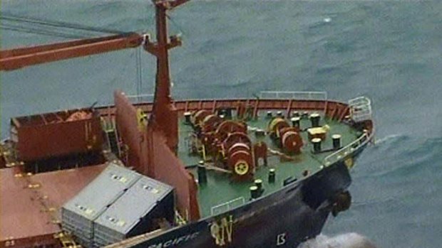 The Pacific Adventurer cargo ship in Morton Bay after spilling 31 containers of potentially toxic ammonium nitrate into the ocean.