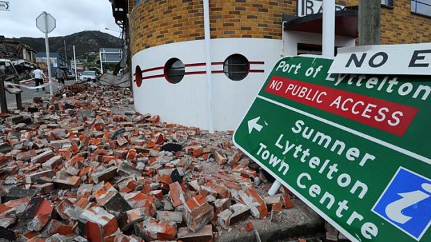 Rubble is strewn across the street in the port town of Lyttelton which was the epicentre of the 6.3 earthquake.