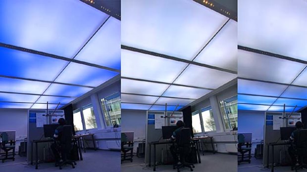 The dynamic luminous ceiling, created by researchers at the Fraunhofer Institute for Industrial Engineering in Germany, in action.