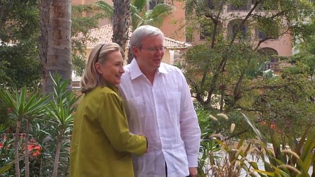 As Julia Gillard faces leadership questions in Australia, Mr Rudd is in Mexico at a G20 meeting. He posted a video of himself and Hillard Clinton today.