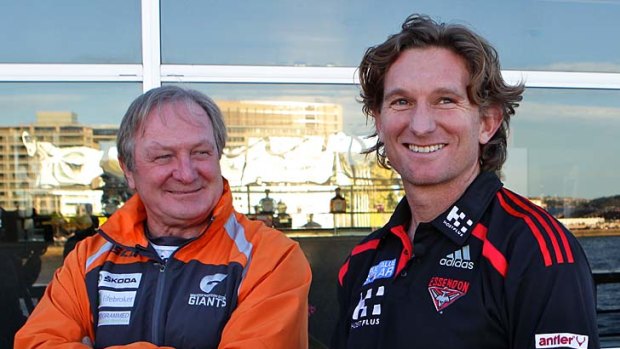 Master and apprentice: Giants coach Kevin Sheedy and Bombers coach James Hird in Sydney yesterday ahead of tonight's clash.