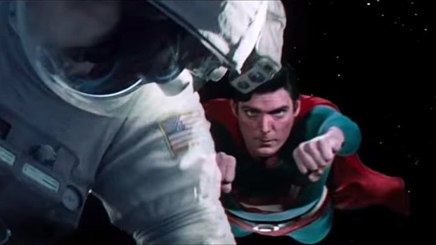 Clever edits ... Christopher Reeve as Superman coming to Sandra Bullock's rescue.