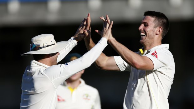 All smiles: Australia's Mitchell Marsh celebrates the wicket of England's Ben Stokes with Michael Clarke.
