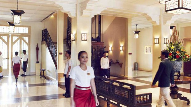 Opulent ... the foyer at the Raffles hotel in Siem Reap.