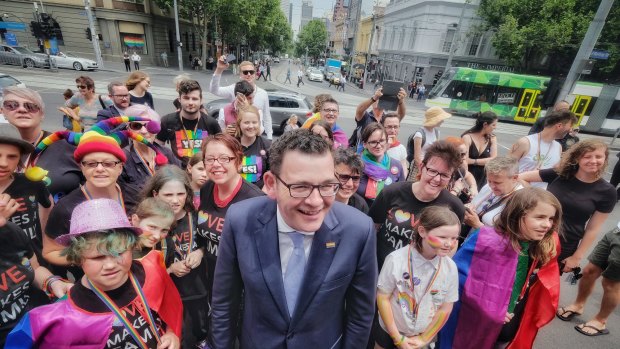 Victorian Premier Daniel Andrews is greeted at Spring Street by marriage equality campaigners.