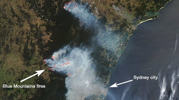 The latest NASA satellite image of fires and smoke over Sydney.