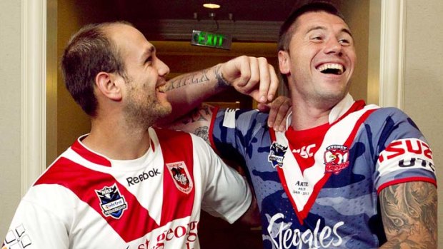 Opposing forces &#8230; Jason Nightingale of the Dragons and the Roosters' Shaun Kenny-Dowall.