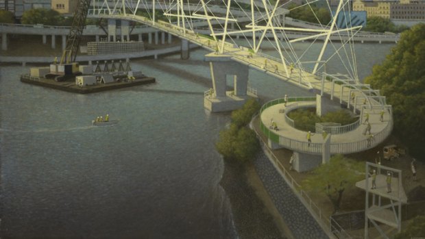 Kurilpa Bridge under construction, 2010, by Robert Brownhall.