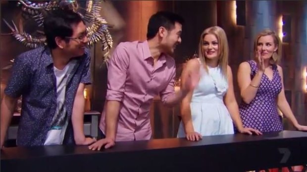 Albert and Dave (L-R) explain to Kelsey and Amanda how the 'gloves are off' between the two teams in selecting their menus.