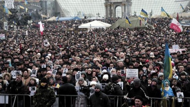 People gather for a rally against Russian intervention in Ukraine in central Kiev's Independence Square.