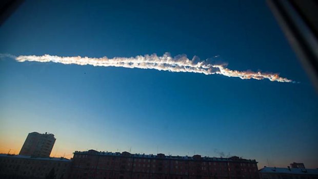 A meteor contrail over Chelyabinsk, Russia.