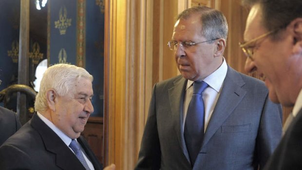 Syrian Foreign Minister Walid Muallem, left, was in Moscow to meet with Russian Foreign Minister Sergey Lavrov and Russian Deputy Foreign Minister Mikhail Bogdanov.