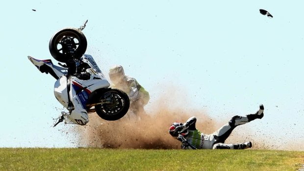 Carlos Checa crashes on the first lap during the 2008 Superbike World Championship at Phillip Island.