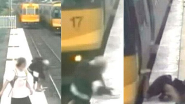 A narrow escape ... 1. The boy jumps on to the tracks at Ipswich station. 2. He has to scramble up on to the platform as the train comes through. 3. The footage shows just how close he came to being hit through his reckless behaviour.
