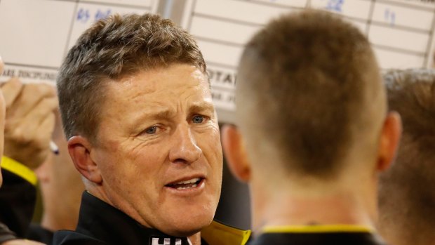 MELBOURNE, AUSTRALIA - MAY 27: Damien Hardwick, Senior Coach of the Tigers addresses his players during the 2017 AFL round 10 Dreamtime at the G match between the Richmond Tigers and the Essendon Bombers at the Melbourne Cricket Ground on May 27, 2017 in Melbourne, Australia. (Photo by Michael Willson/AFL Media/Getty Images)