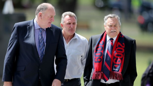 Peter "Crackers" Keenan, Doug Hawkins and Ron Barassi at the MCG for the service.