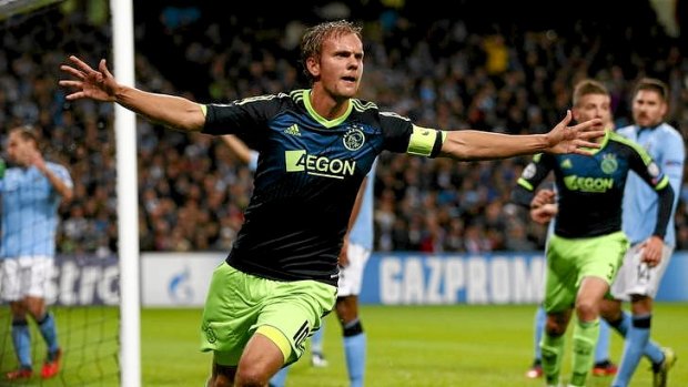 Ajax's Siem de Jong celebrates scoring against Manchester City in their Champions League group D match at Etihad Stadium in Manchester.