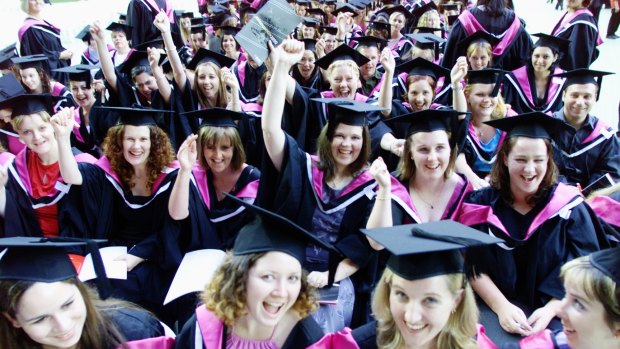 The number of women graduates at this RMIT graduation far outweighs the number of men but women still tend to be concentrated in nursing and teaching faculties. 
