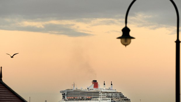 First glimpse... The Queen Mary 2 approaches Station Pier this morning.
